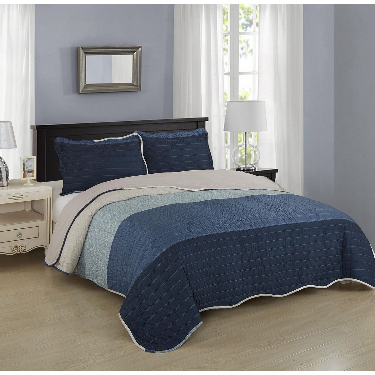 Just Home Collection - Colcha Individual Industrial Franjas Azul