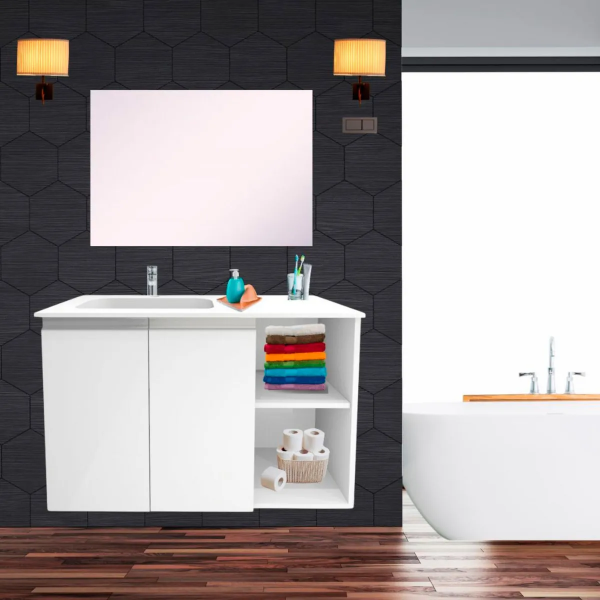 Mueble de baño Vega en Brillo Blanco con espejo, marca Sensi Dacqua Design - Foto 2