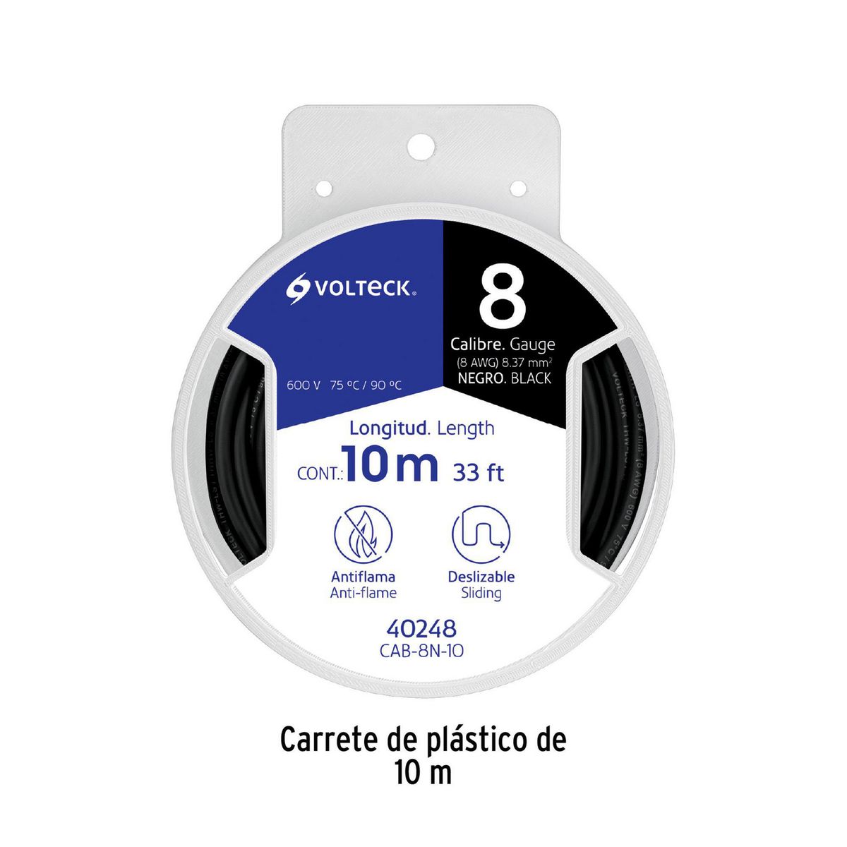 Volteck - Carrete con 10 m de Cable THHW-LS 8 AWG Negro, Volteck