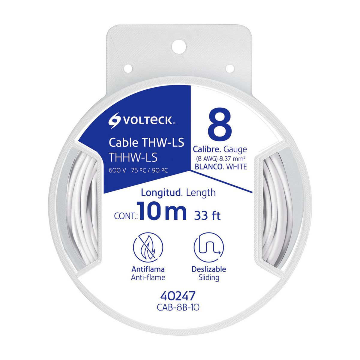 Volteck - Carrete con 10 m de Cable THHW-LS 8 AWG Blanco, Volteck