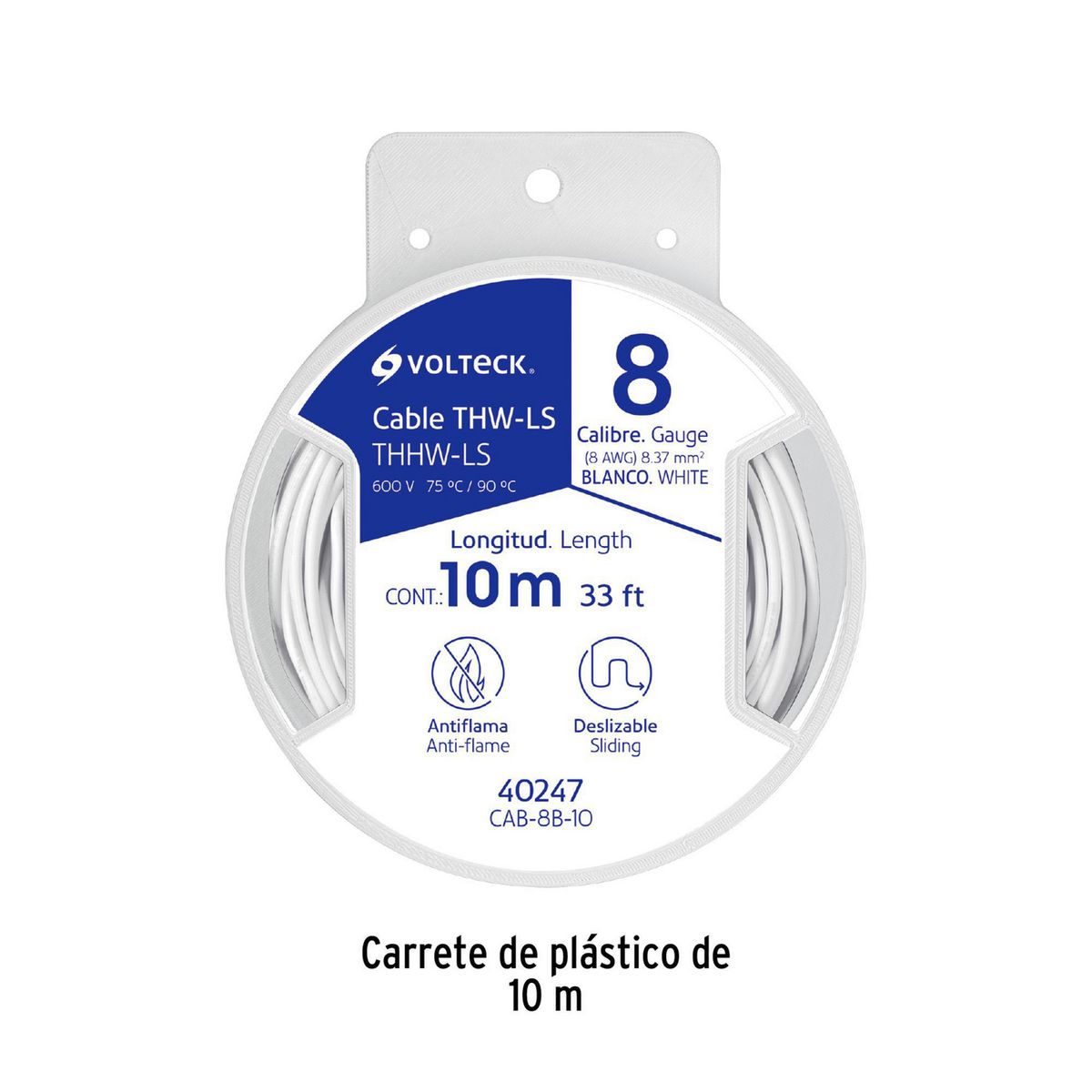 Volteck - Carrete con 10 m de Cable THHW-LS 8 AWG Blanco, Volteck
