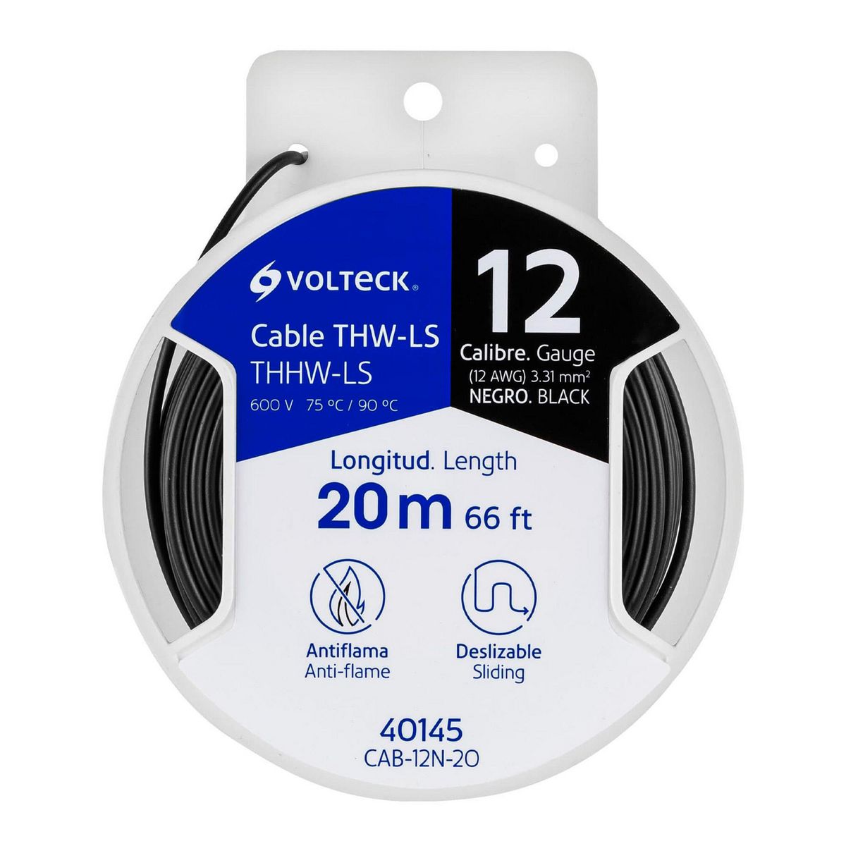 Volteck - Carrete con 20 m de Cable THHW-LS 12 AWG Negro, Volteck