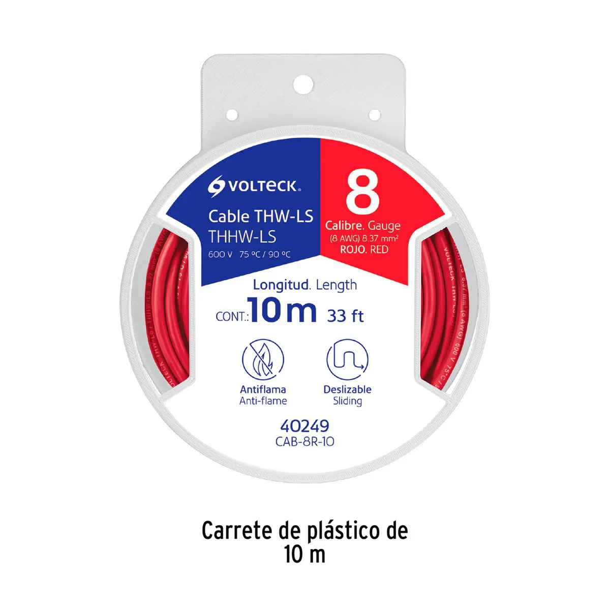 Volteck - Carrete con 10 m de Cable THHW-LS 8 AWG Rojo, Volteck