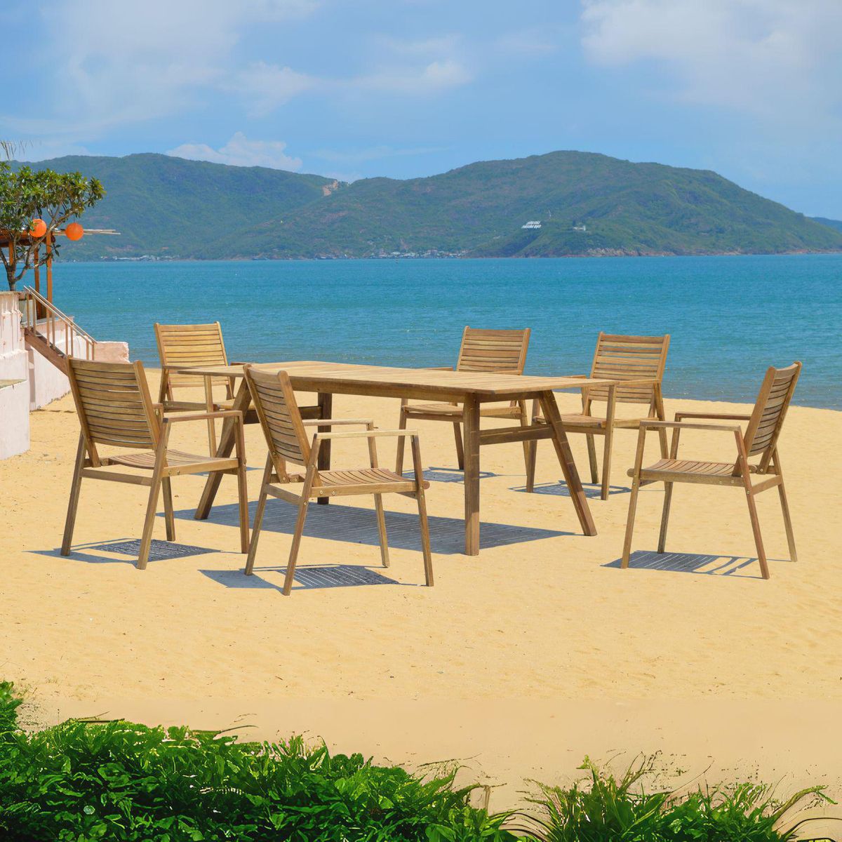 Just Home Collection - Juego de Comedor para Terraza de madera Bunbury 7piezas