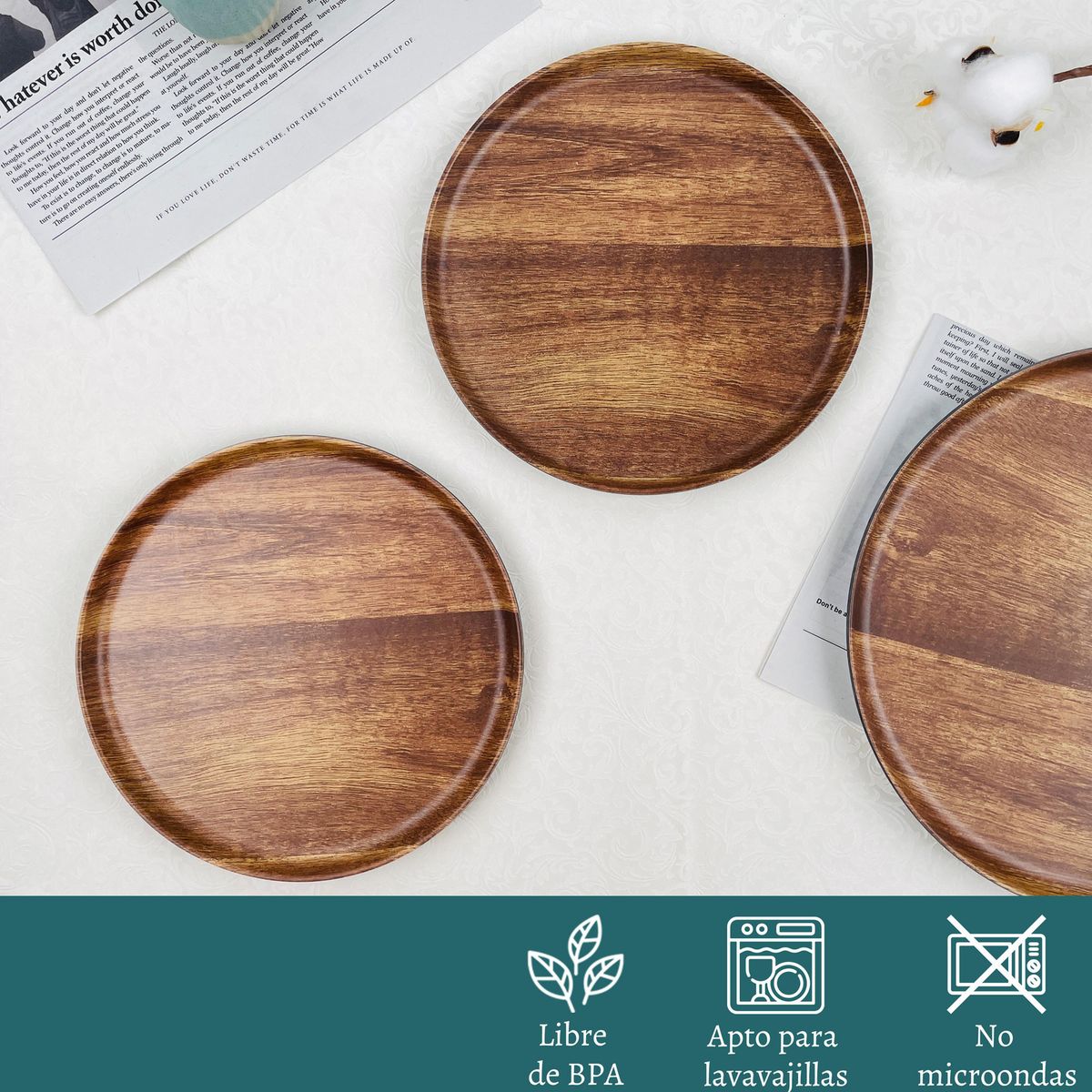 Plato de melamina redondo diseño madera 21 cm, marca Just Home Collection - Foto 2