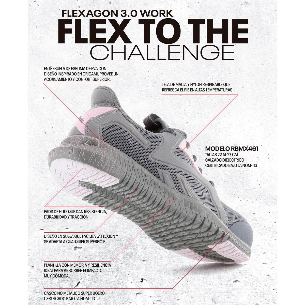 Reebok - Tenis de Seguridad Reebok Flexagon Rosa, 23