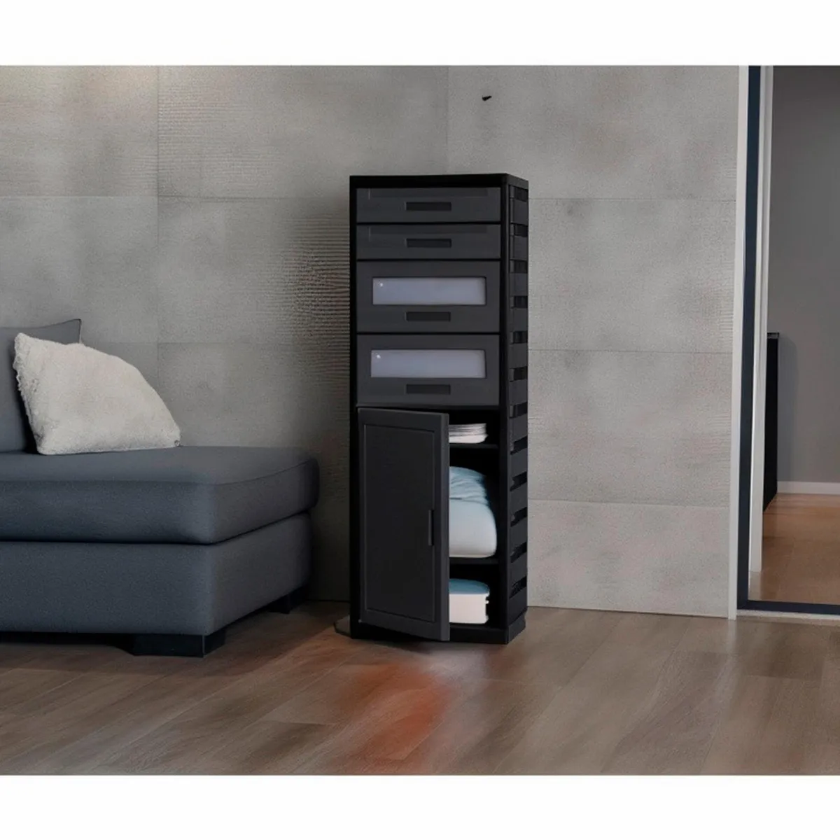 Italhome - Estante de plástico gris con 1 puerta y 4 cajones 42.5 x 125 x 36 cm