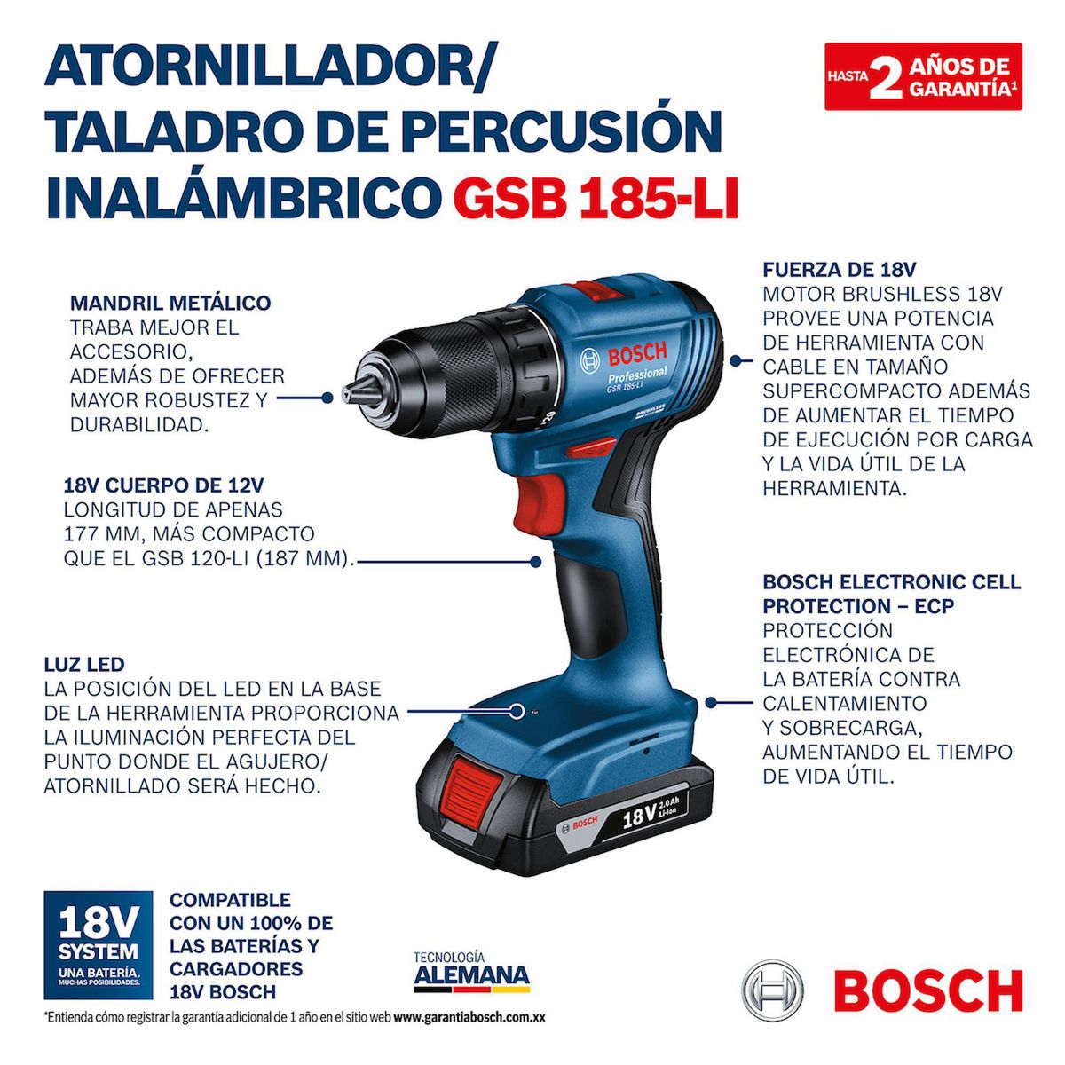 Bosch - Rotomartillo Bosch Inalámbrico GSB 185-Li + 1 Batería