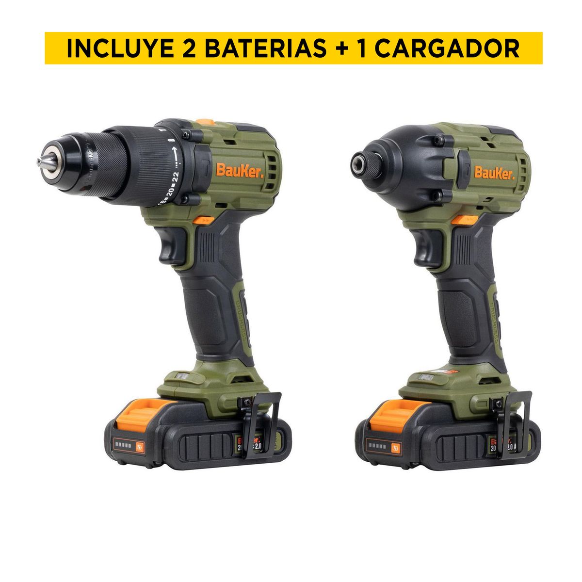 Bauker - Kit Rotomartillo + Atornillador de Impacto Inalámbricos 20V + 2 Baterías + 1 Cargador 20V, Bauker