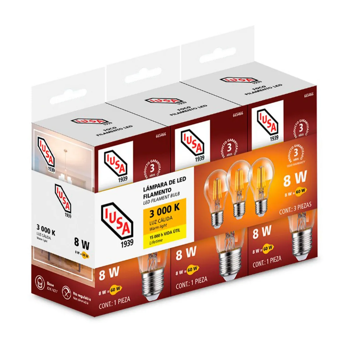 Iusa - Kit de 3 Focos LED de Filamento E27 de 12W Luz Fría
