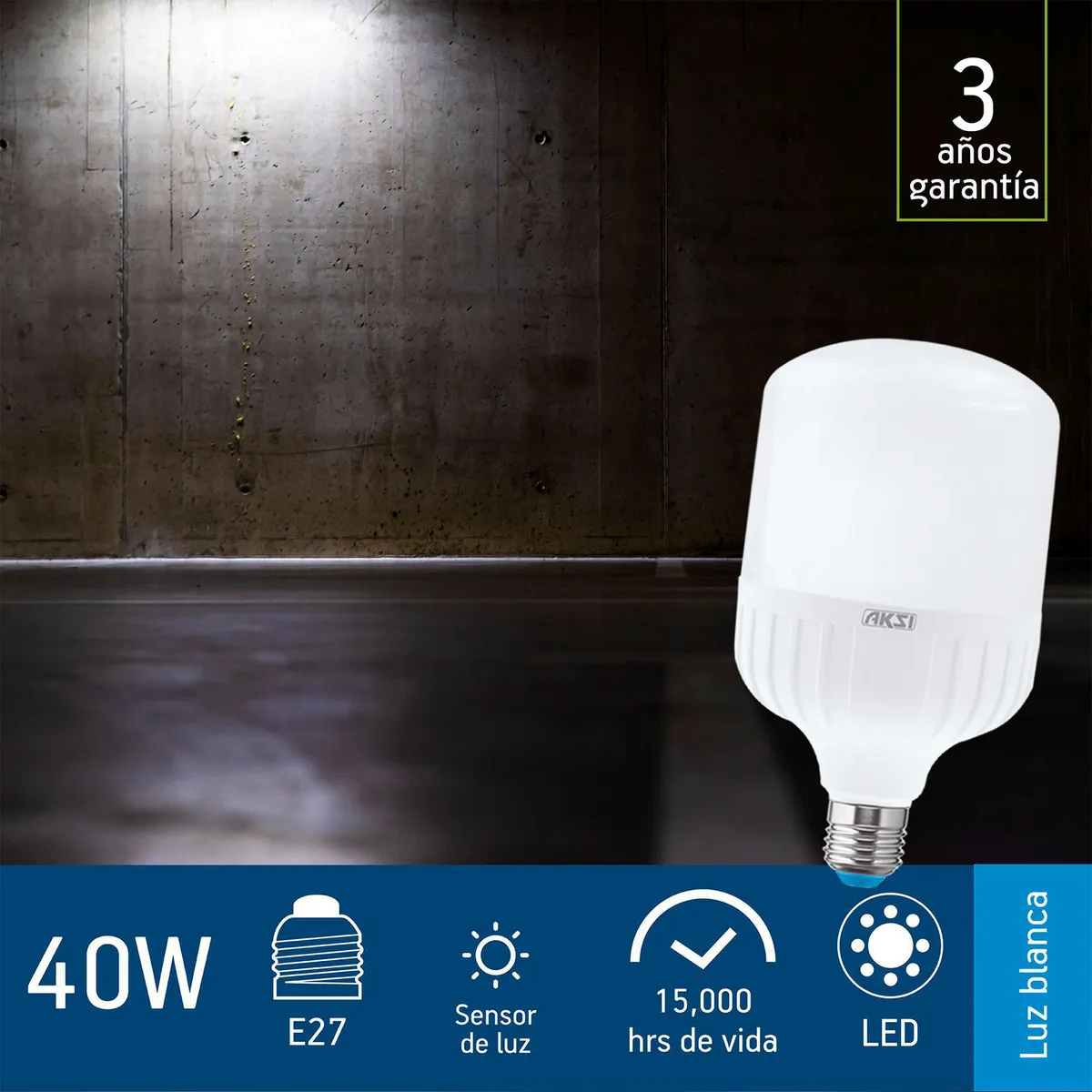 Foco LED Tipo T Alta Potencia con Sensor de Luz E27 40W Luz Fría, marca Aksi - Foto 2