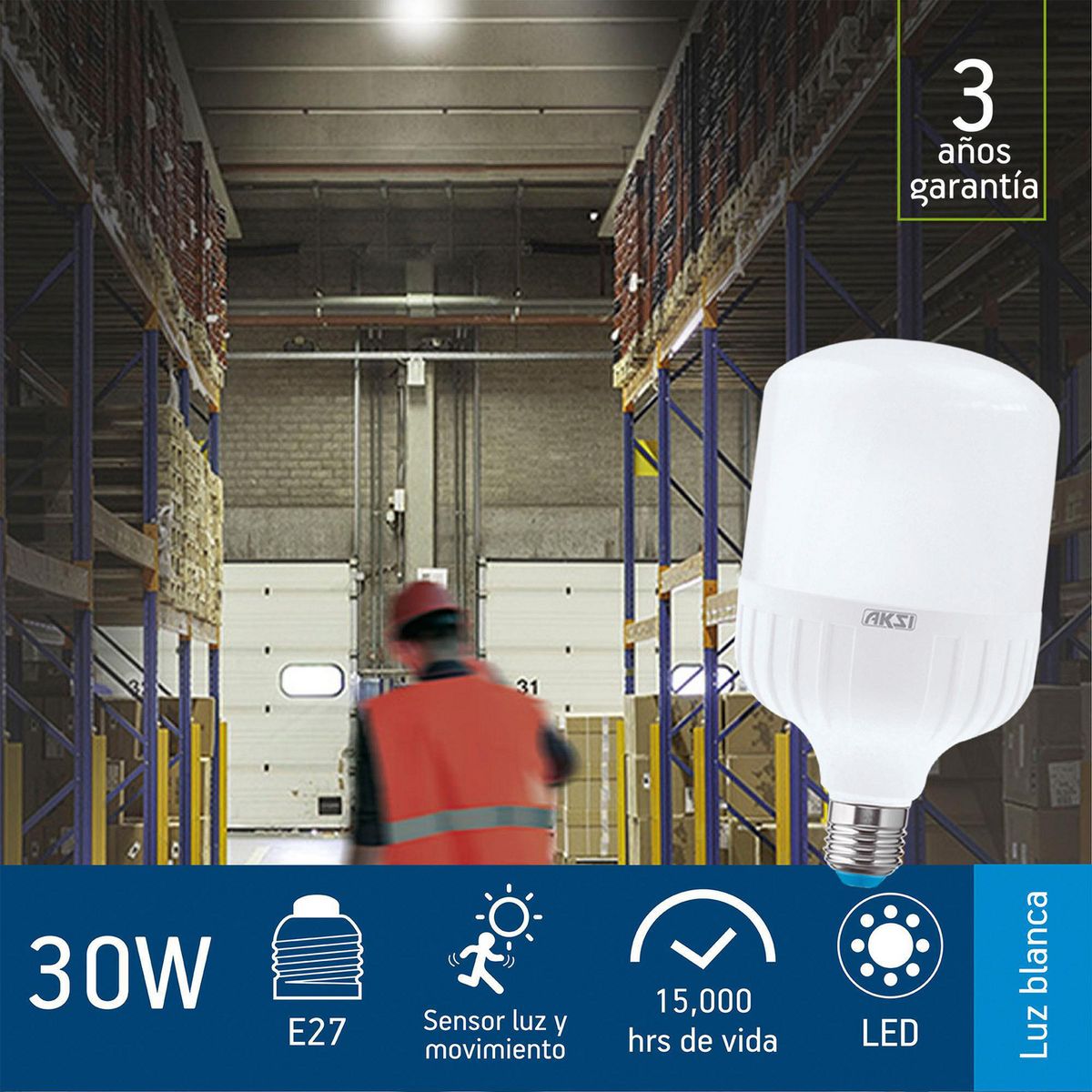 Foco LED Tipo T Alta Potencia con Sensor de Luz y Movimiento E27 30W Luz Fría, marca Aksi - Foto 2