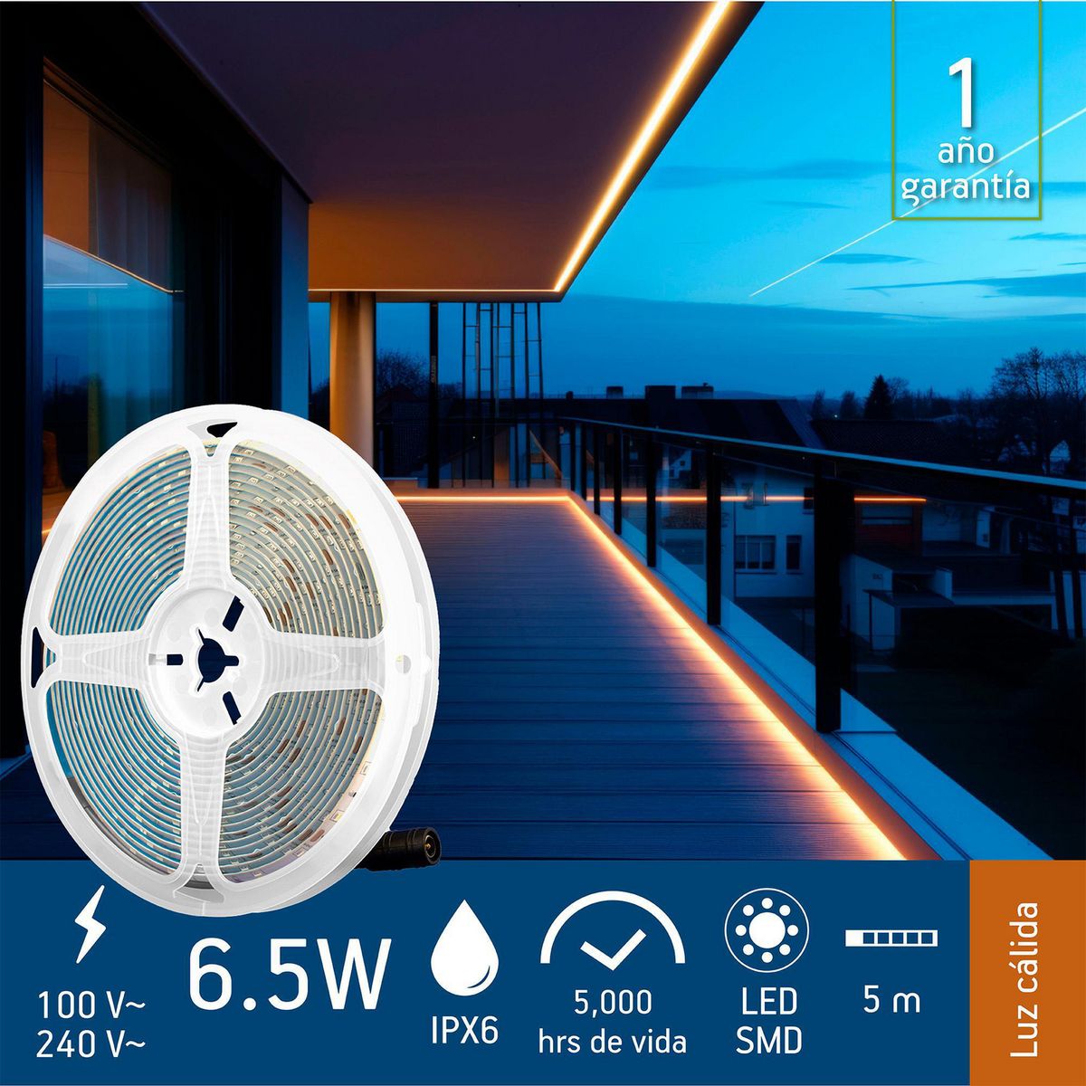 Tira LED de 5m para Exteriores de 6.5W Luz Cálida, marca Aksi - Foto 2