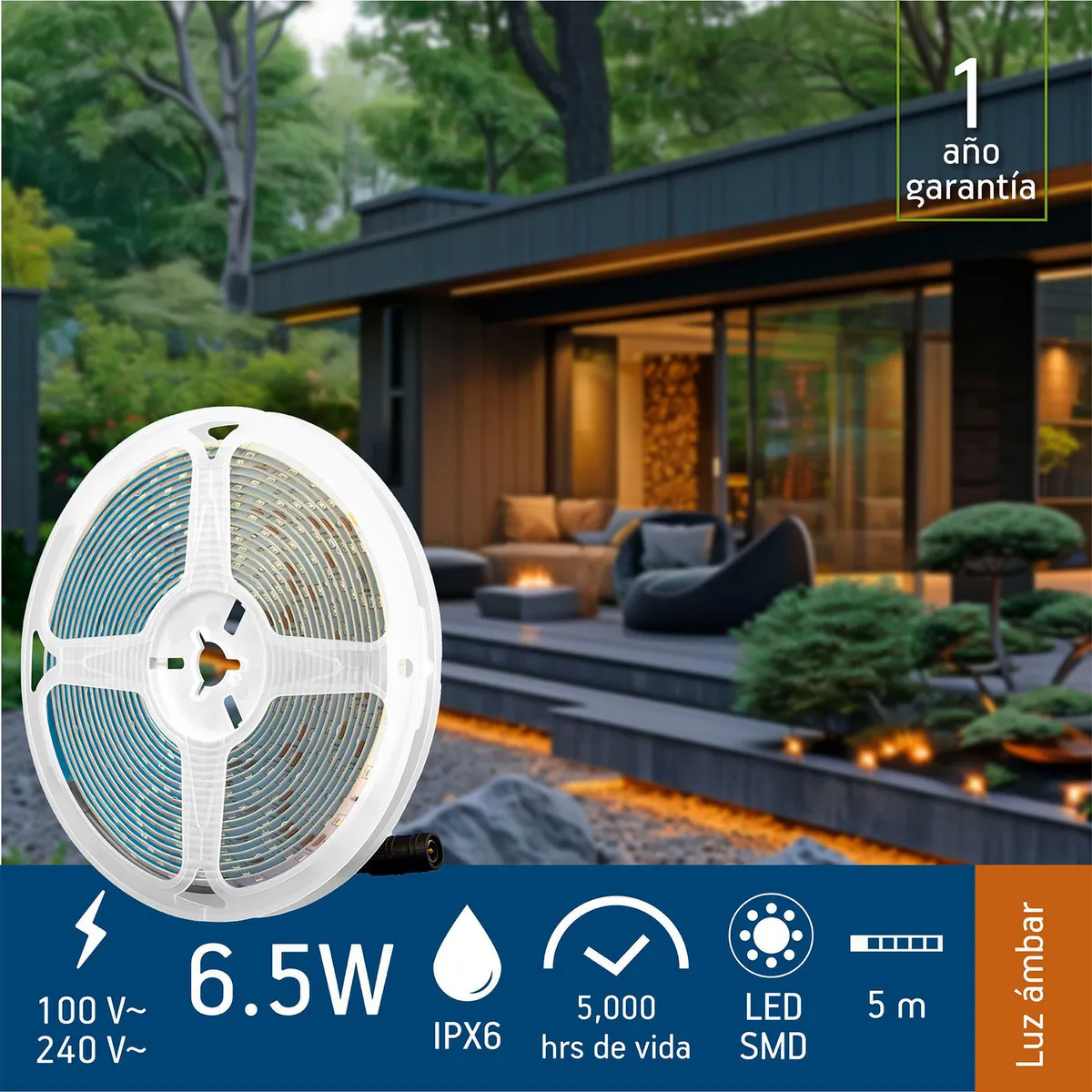 Tira LED de 5m para Exteriores de 6.5W Luz Ámbar, marca Aksi - Foto 2