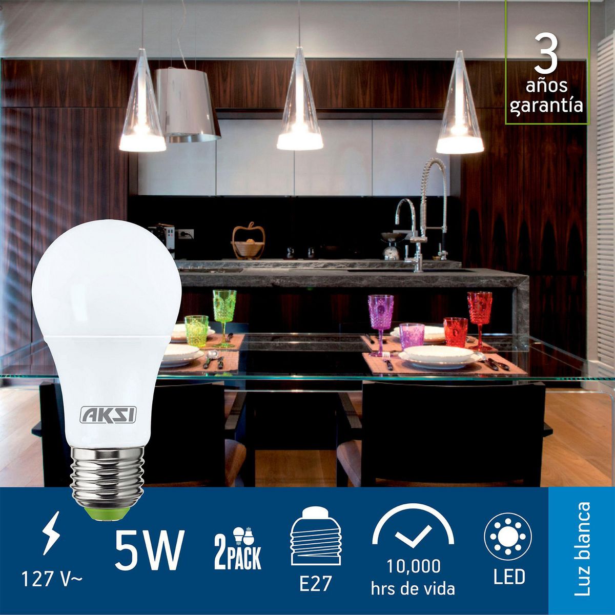 Pack de 2 Focos LED ECO E27 de 5W Luz Fría, marca Aksi - Foto 2