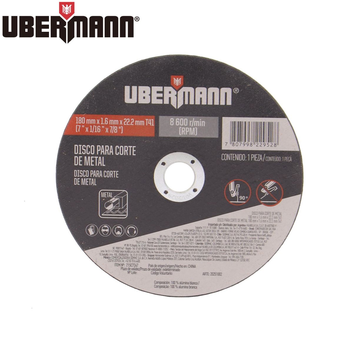 Disco para Corte de Metal 7" x 1.6 mm, Ubermann, marca Ubermann - Foto Principal