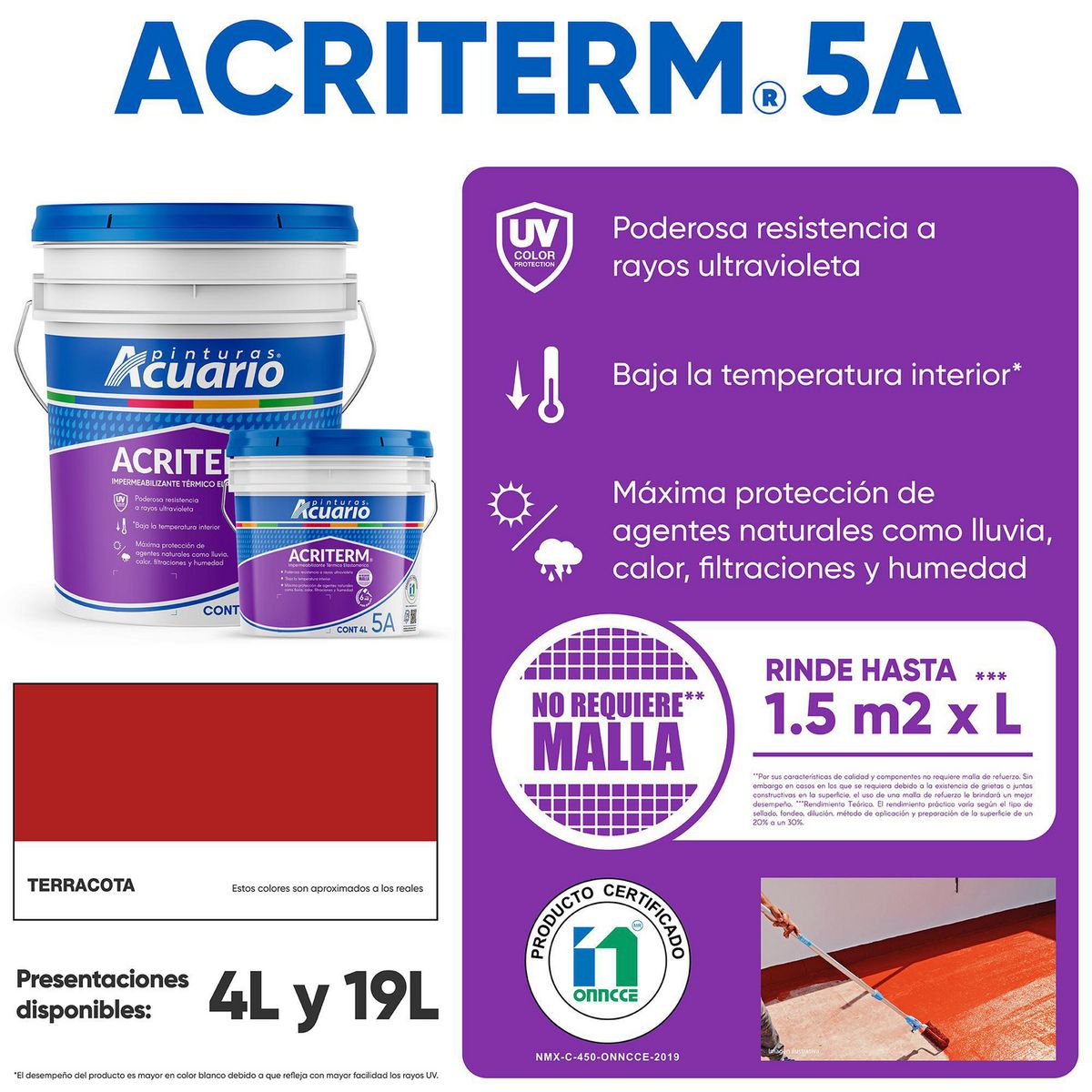 Impermeabilizante Acuario Acriterm Terracota 5 Años 4 L, marca Acuario - Foto 2