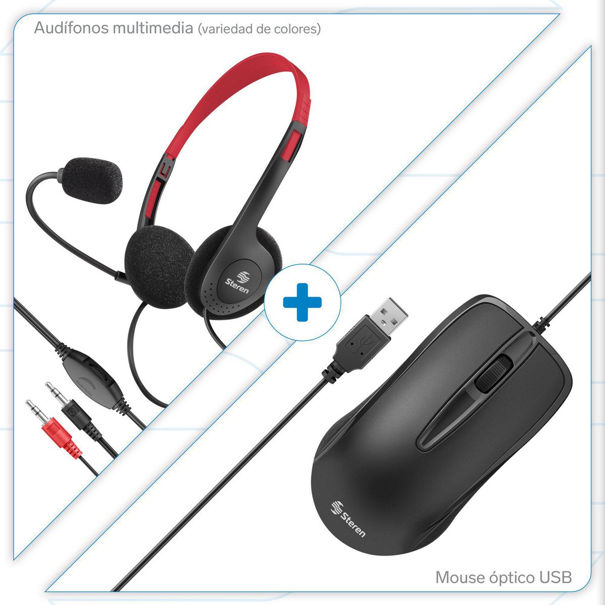 Kit Mouse Alámbrico + Audífonos Multimedia, marca Steren - Foto Principal