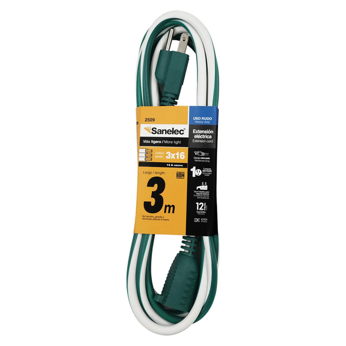 Extensión Doméstica 3 m Verde 3X16, marca Sanelec - Foto Principal