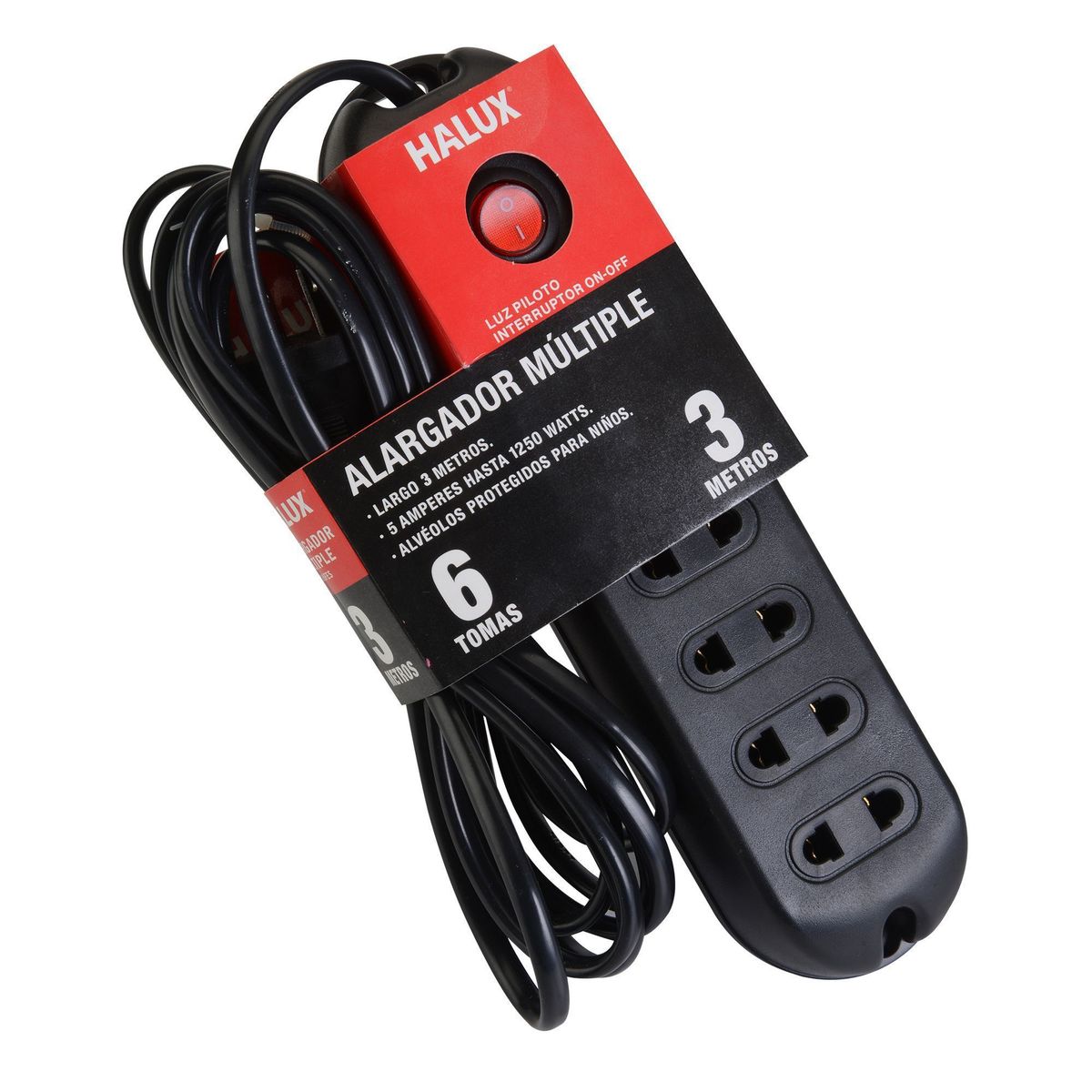 HALUX - Extensión 6 Tomas Universal 3 Metros Negro
