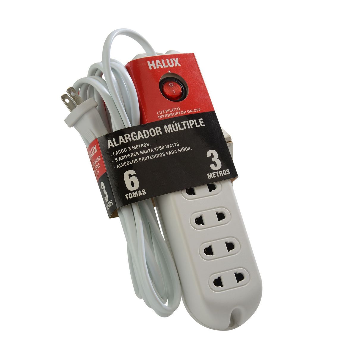 HALUX - Extensión eléctrica 6 Tomas Universal 3 Metros Blanco