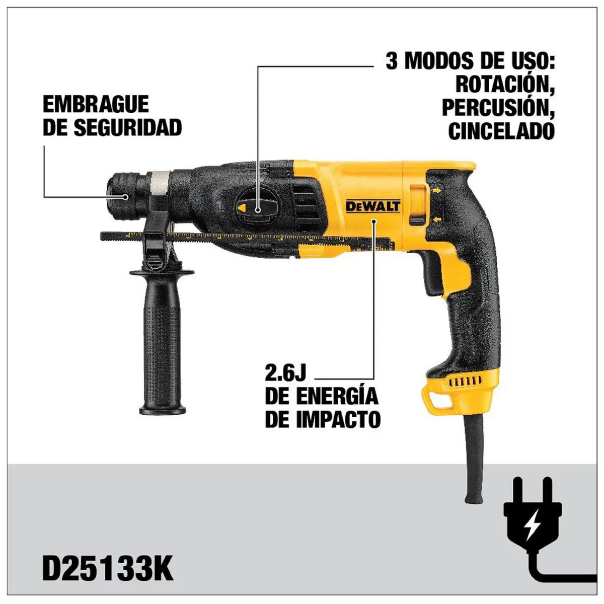 DEWALT - Rotomartillo Eléctrico Dewalt D25133K SDS Plus 800W + Maletín Dewalt