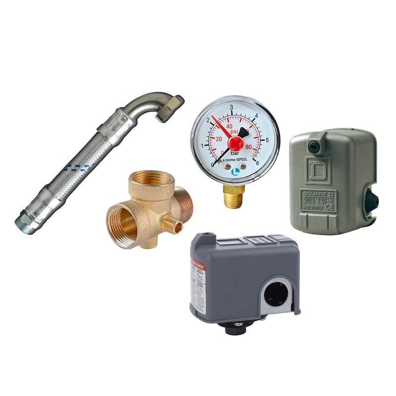  - Manguera Flexible 1" + Automático de Presión Square-D 20-70PSI + Conector Bronce 5 Vias + Manómetro 0 - 6 Bar + Switch Presostato Mecánico
