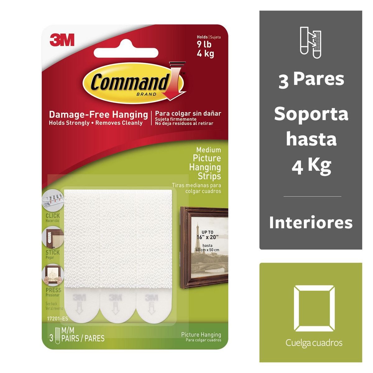 COMMAND - Tiras Command 3M para Colgar Cuadros Medianas Blancas x 3 pares