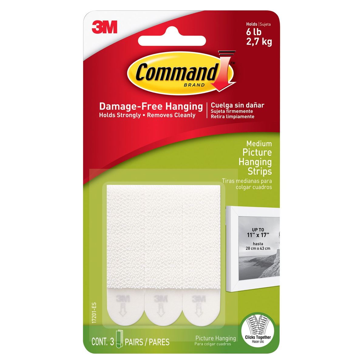 COMMAND - Tiras Command 3M para Colgar Cuadros Medianas Blancas x 3 pares