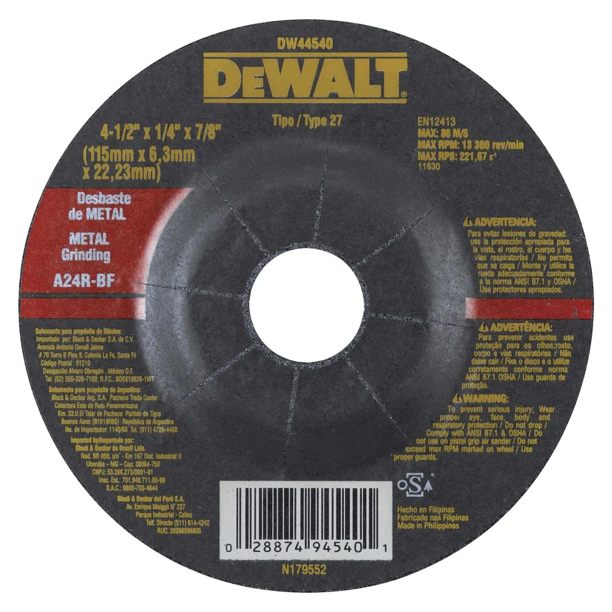 DEWALT - Disco Abrasivo Desbaste 4 1/2" Metal 1/4" Dewalt