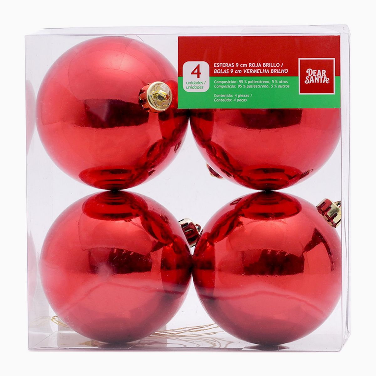 DEAR SANTA - Set 4 Esferas Brillo Roja Navidad 9cm