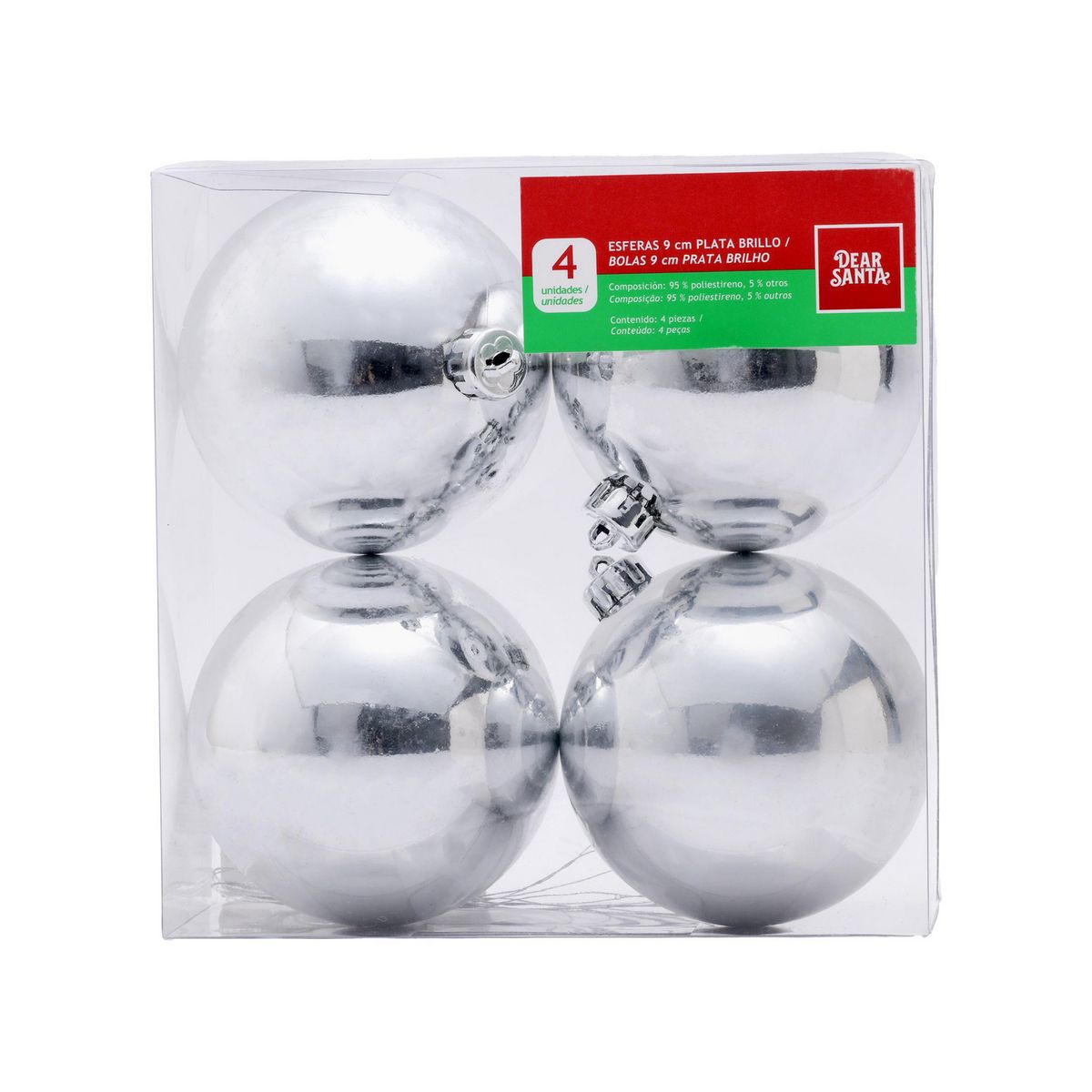 DEAR SANTA - Set 4 Esferas Brillo Plata Navidad 9cm