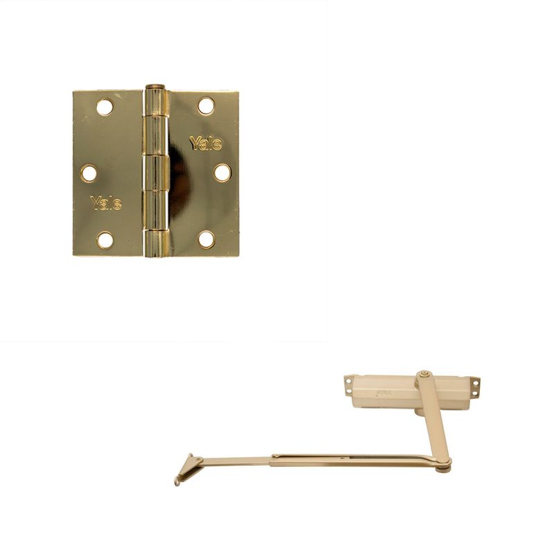 YALE - Brazo Hidraúlico para Puerta Dorado 80 Kg + Bisagra Dorado 3.5x3.5 x 3 und