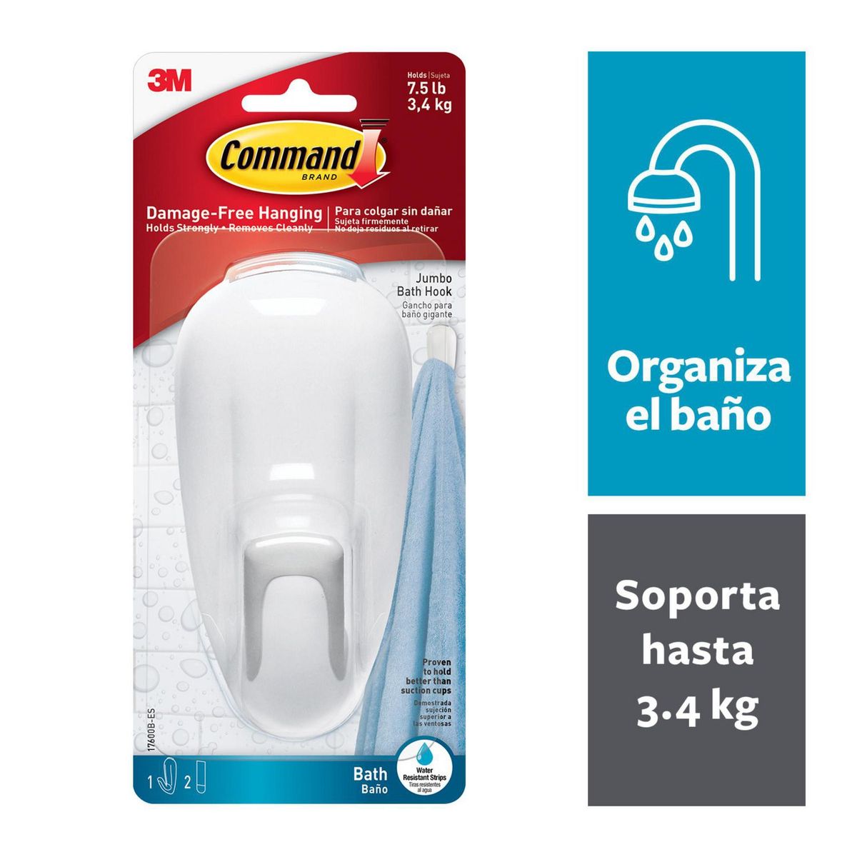 3M - Gancho Command 3M para Baño con Tiras Impermeables Grande Blanco