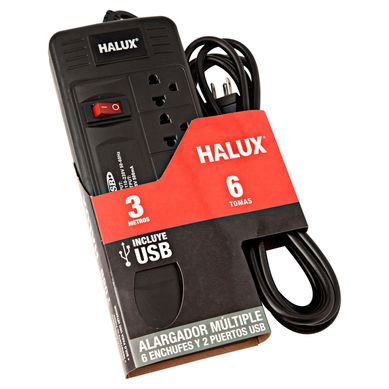 Extensin 6 Tomas Universal + Tierra 3 Metros 2 Puertos USB Negro