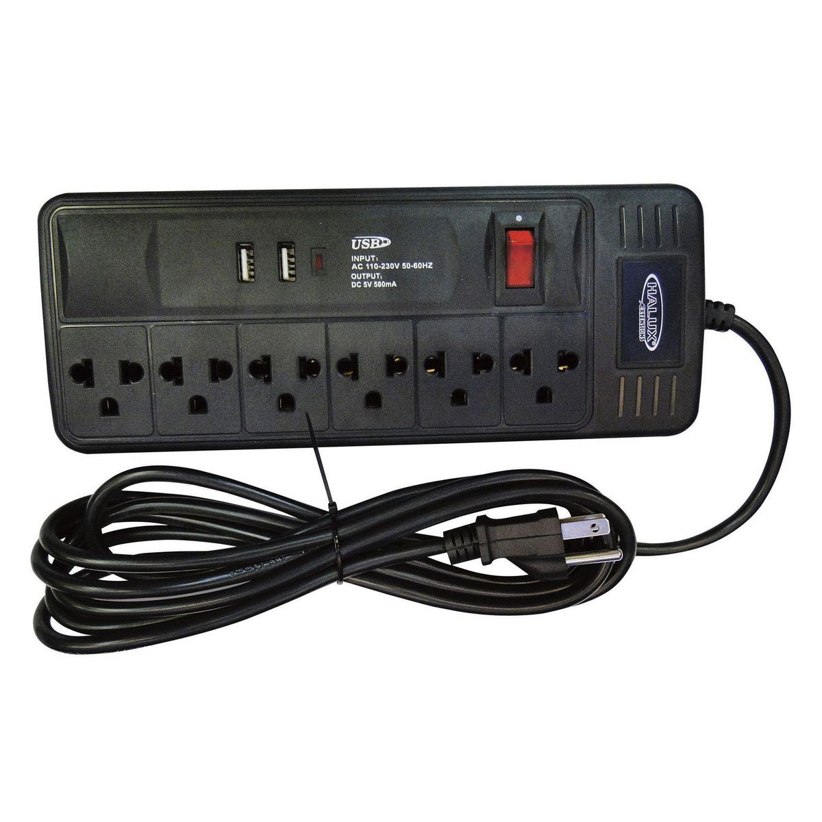 HALUX - Extensión 6 Tomas Universal + Tierra 3 Metros 2 Puertos USB Negro