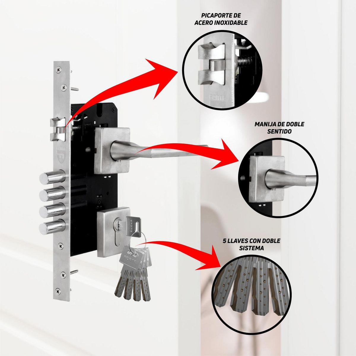 FORTES - Cerradura de Embutir Cuadrada Principal Izquierdo Forte