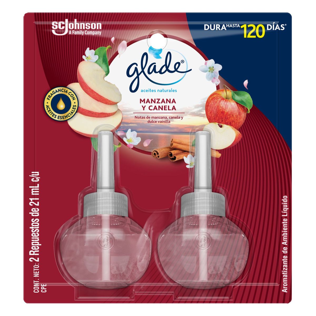 GLADE - Repuesto ambientador en aceite Glade Manzana Canela Pack 2 unidades 21 ml