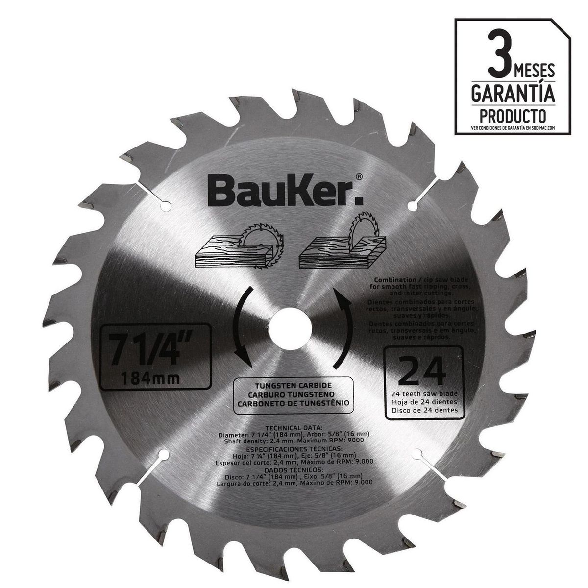 BAUKER - Disco para Madera 7 1/4" 24 Dientes Bauker