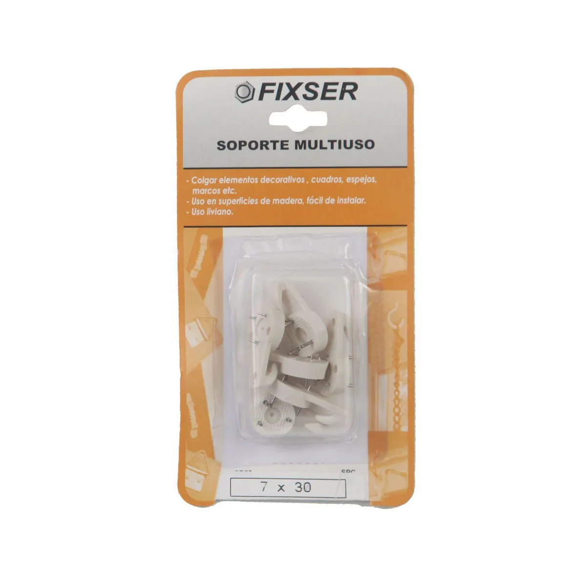 FIXSER - Soporte para Colgar Multiuso 7 x 30 con Clavo x 6 unid.