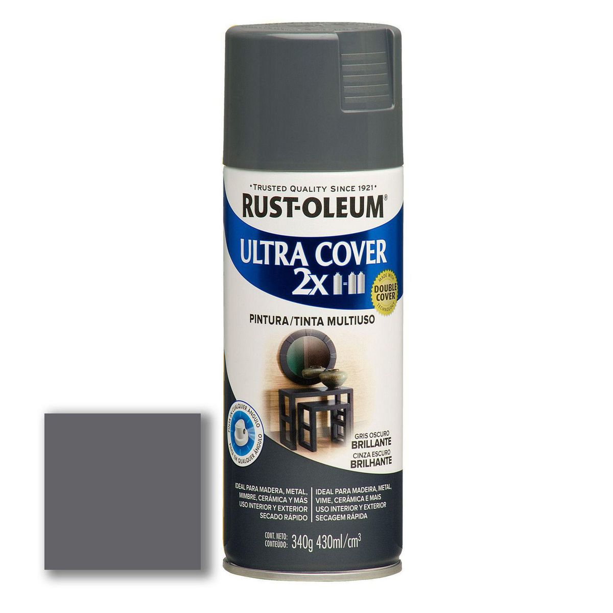 RUST OLEUM - Aerosol Multiusos Ultra Cover 2x Gris Oscuro Brillante 340 Gr