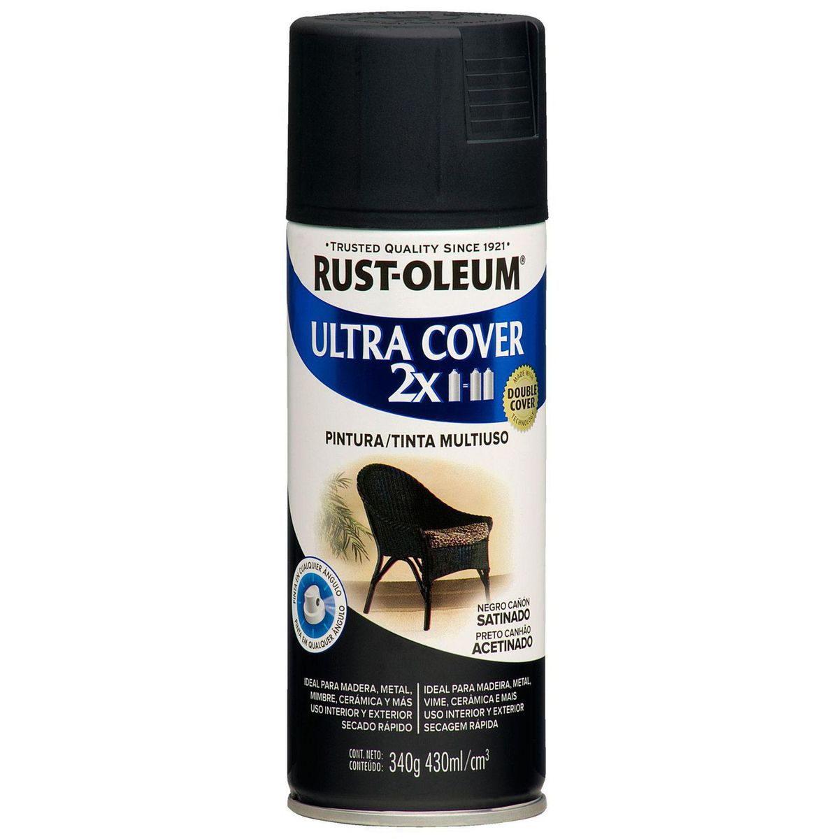 RUST OLEUM - Aerosol Multiusos Ultra Cover 2x Negro Cañón Satinado 340 Gr