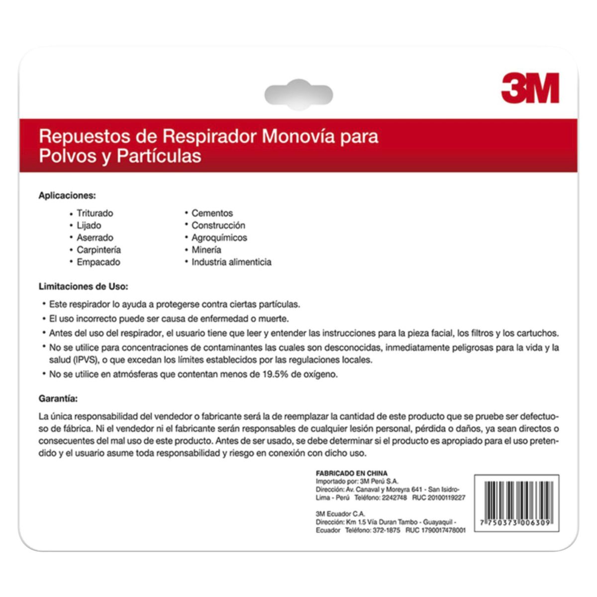 3M - Repuesto de Respirador de una Vía para Polvo y Partículas