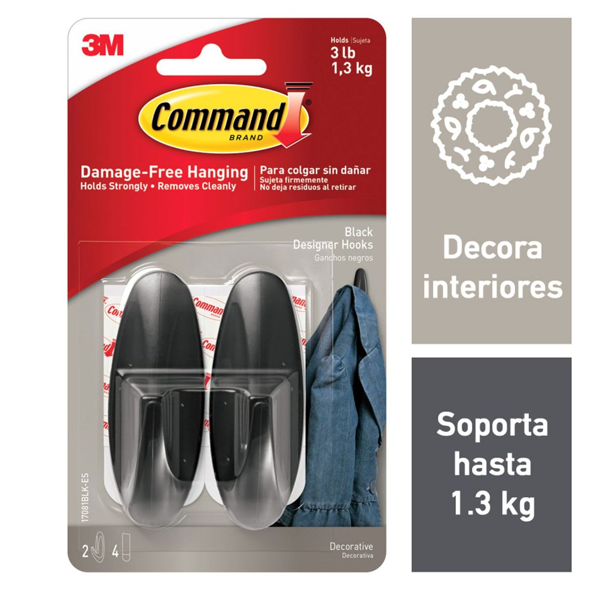 3M - Command Ganchos Medianos Negro 2 ganchos 4 tiras/paquete