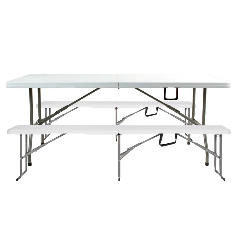 JUST HOME COLLECTION - Mesa Plegable Blanca Tipo Maleta 180cm + Banqueta plegable 180 x 28 cm Blanco