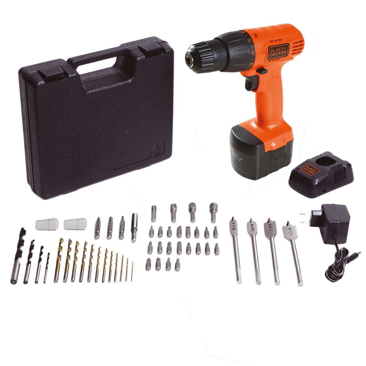 BLACK+DECKER - Taladro Atornillador Inalámbrico 3/8" 12V + Kit (Bat + Carg) + 50 Accesorios + Maletín CD121K50
