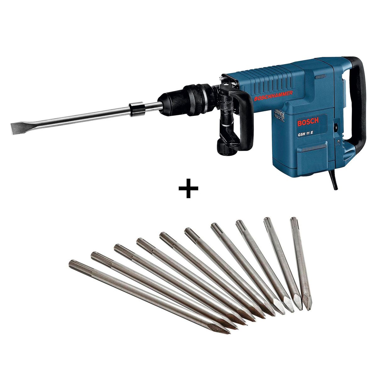 BOSCH - Combo Martillo Demoledor SDS Max 1500W GSH 11 E + 10 Cinceles Max