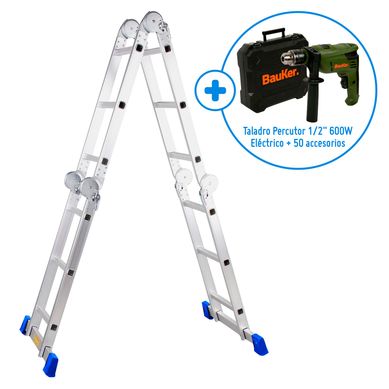 Escalera Articulada Aluminio 12 Pasos + Taladro Percutor 1/2