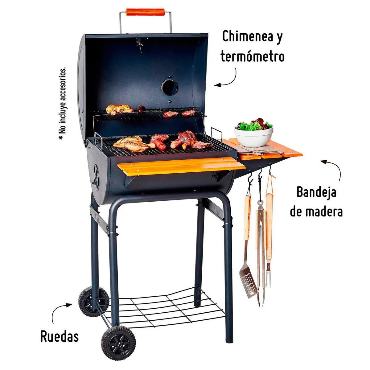 MR BEEF - Parrilla a Carbón 132x90x72cm + Chimenea + 2 Bandejas Laterales