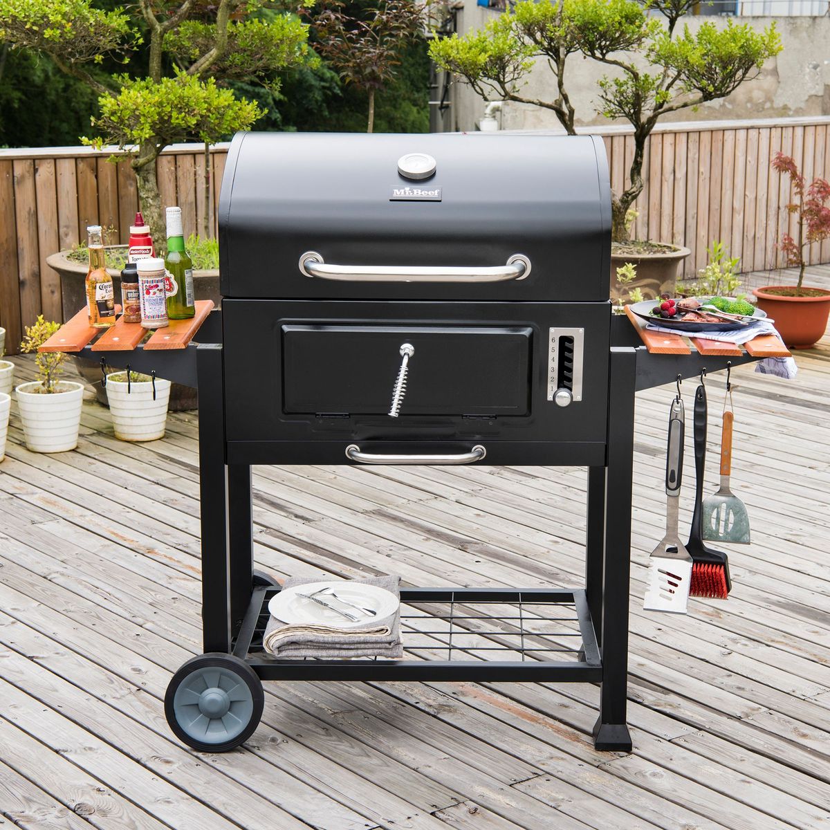 MR BEEF - Parrilla a Carbón 145x154x79cm + 2 Bandejas Laterales